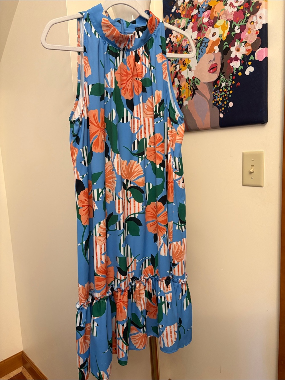 Vintage Sam Edelman Blue Floral Halter Dress with Orange Accents